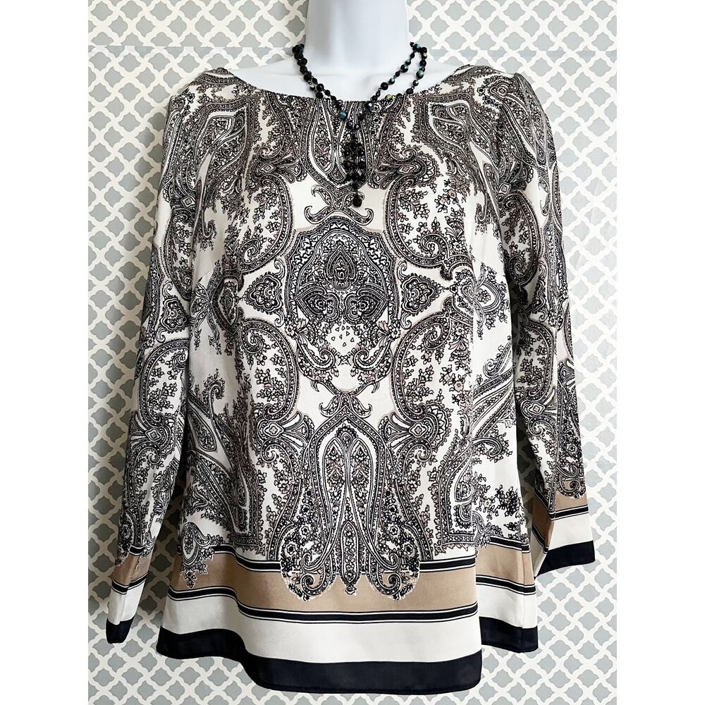 Talbots Paisley Print Blouse Beige Black White Size 2 - Picture 3 of 8